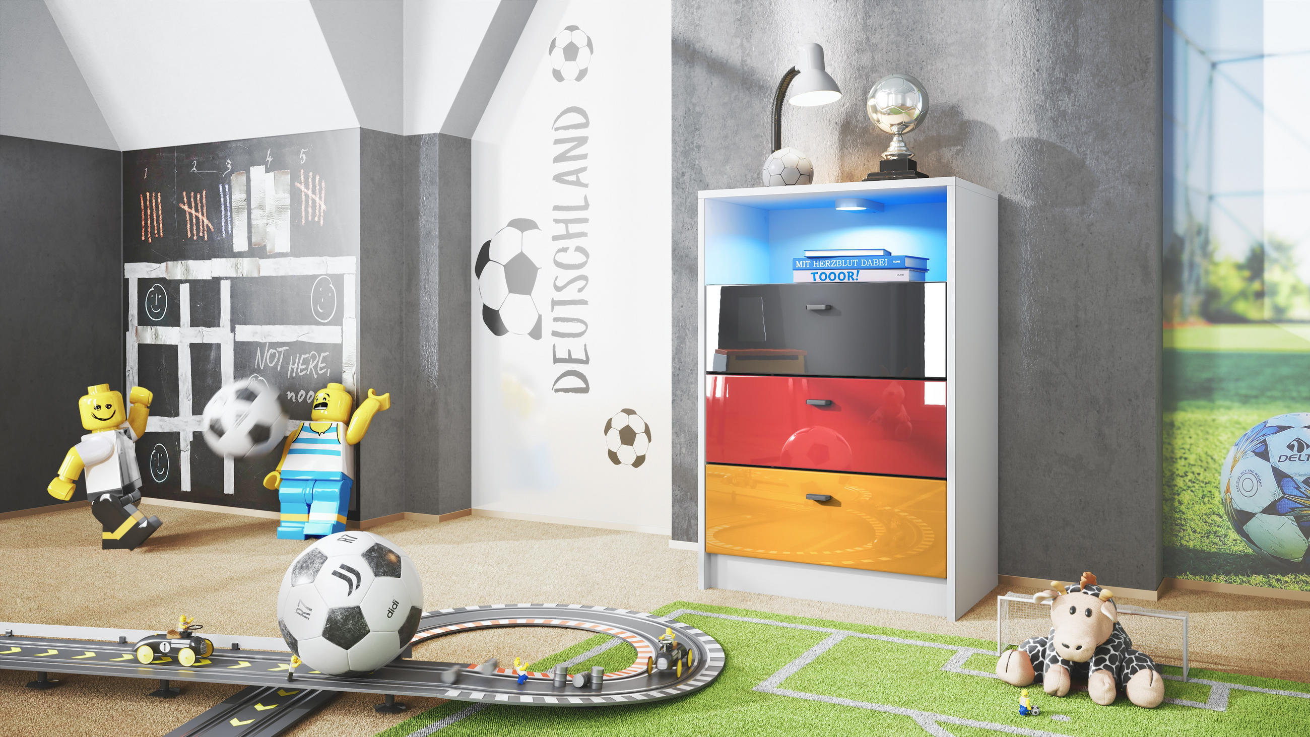 KOMMODE Pino Fronten Schwarz, Rot & Gold Hochglanz - Weiß, Holzwerkstoff (56/86/36cm) - Vladon