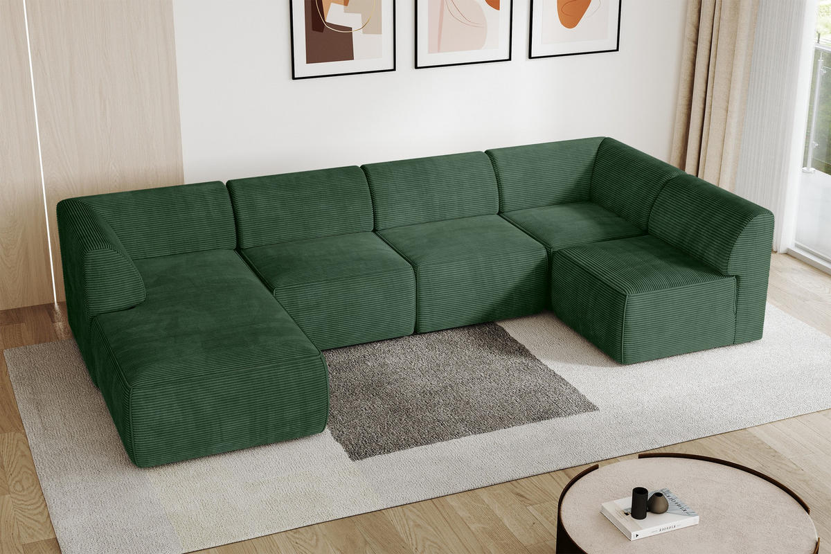 WOHNLANDSCHAFT Ottomane Links MOVO-L 345x180x78 cm Grün Cord - Waldgrün/Schwarz, Holzwerkstoff/Kunststoff (180/78/345cm) - ALTDECOR