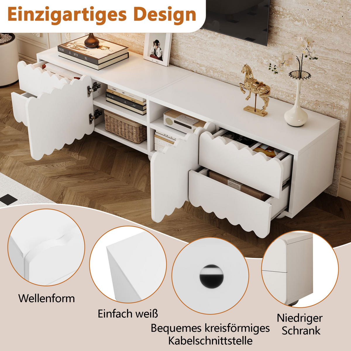 LOWBOARD 175/38/37 cm aus MDF und Holzwerkstoff mit geschwungenen Kanten Weiß - Weiß, Holzwerkstoff (175/37/38cm) - Modenvie