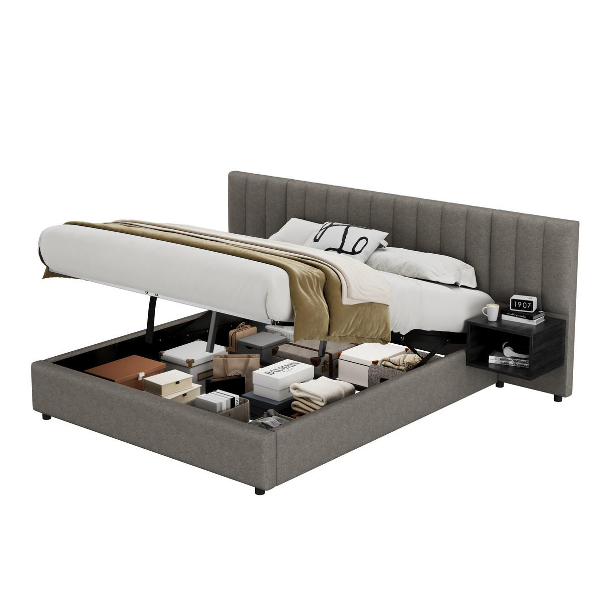POLSTERBETT 160/200 cm grau aus Leinen mit Hydraulik-Stauraum und 2 Nachttischen - Grau, Textil (160/200cm) - OKWISH