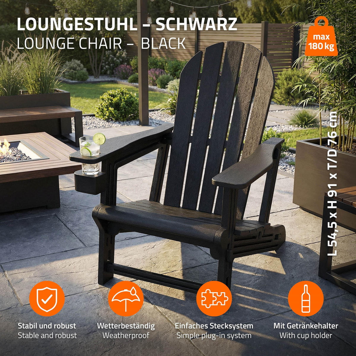 ADIRONDACK LEŽÁK s držákem na nápoje, černý, z plastu - černá, plast (54.5/91/76cm) - ML-DESIGN