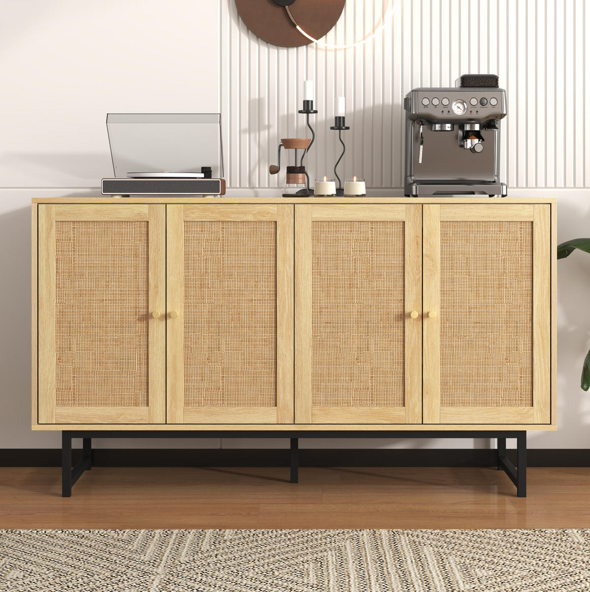 SIDEBOARD 140/39,5/80 cm mit 4 Türen, Rattangeflecht & viel Stauraum - Naturfarben, Holzwerkstoff (140/80/39.5cm) - BEAOK