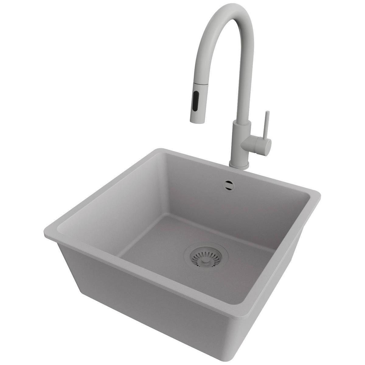 GRANITSPÜLE Venedig Slim Easy, 2-er set Grau 46/44 cm 1 Becken + Küchenarmatur 40/20 cm + Ablauf-Set ab 50er Unterschrank - Grau, Kunststoff (46/20/44cm) - Primagran