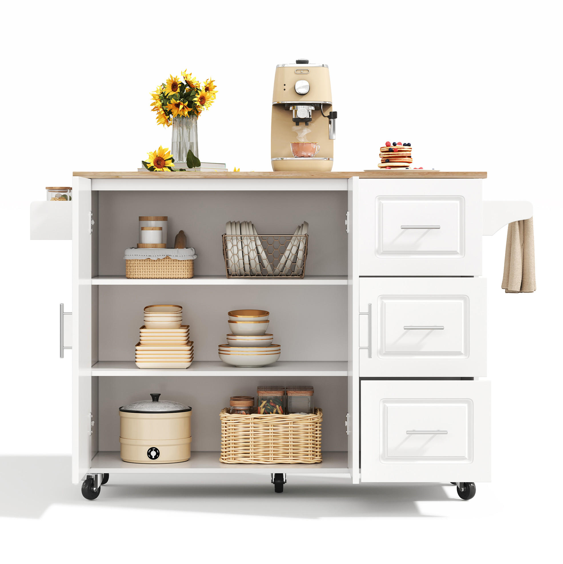 KÜCHENINSEL 137/43(76)/92 cm mit klappbarer Arbeitsplatte, 3 Schubladen, Schrank und Rollen aus MDF, Weiß - Weiß, Holzwerkstoff (137/92/76cm) - Redom