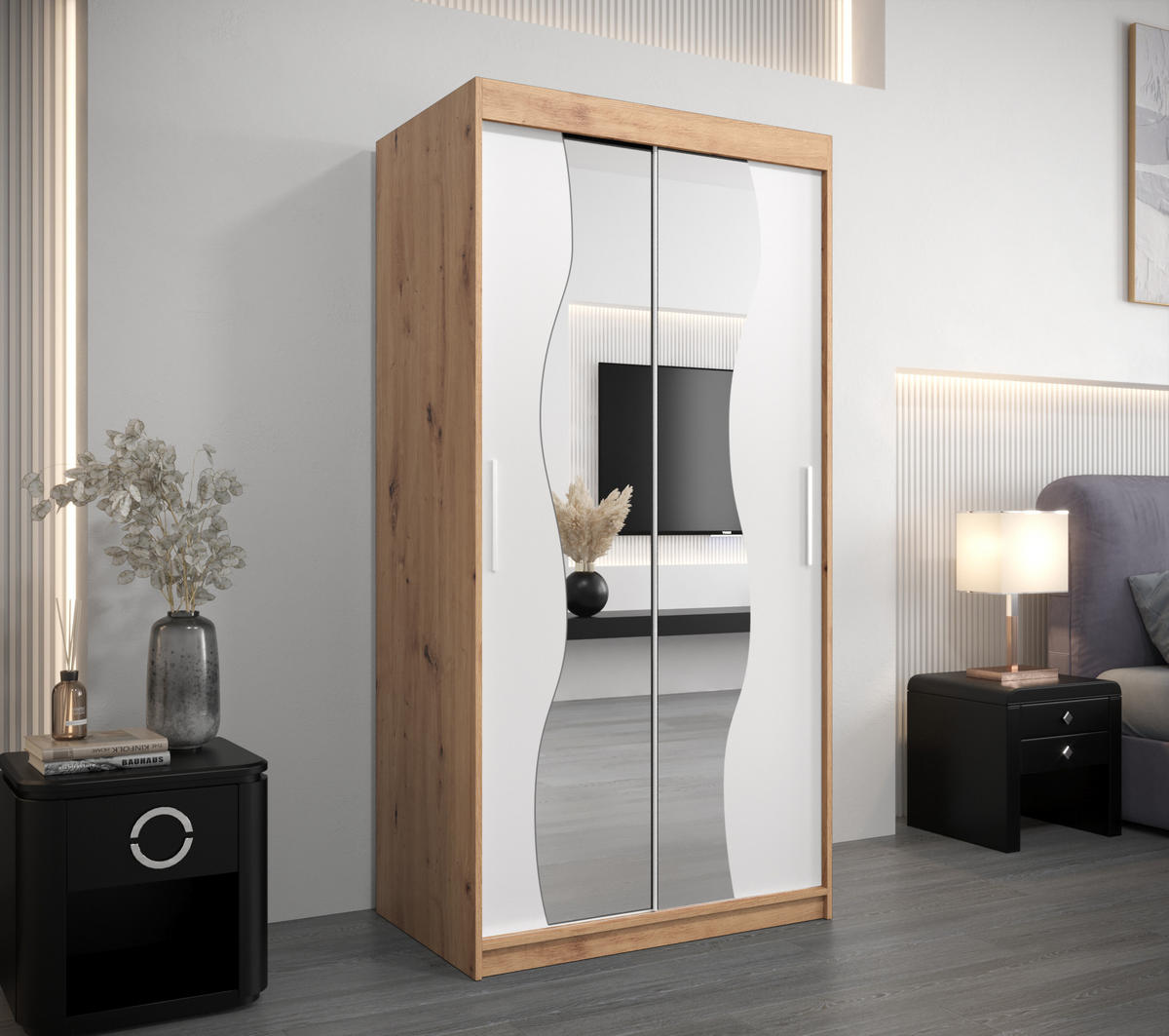 SCHWEBETÜRENSCHRANK 200/100/62 2-türig - Silberfarben/Weiß, Holz/Kunststoff (100/200/62cm) - MÖBEL KRYSPOL