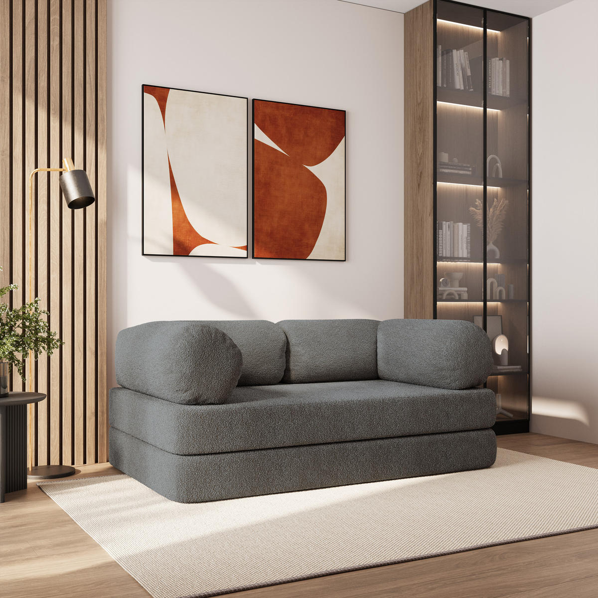 BETTSOFA EIREN aus Schaumstoff Bucle-Stoff Grau Schlaffunktion - Grau, Textil (170/68/80cm) - MASSENO