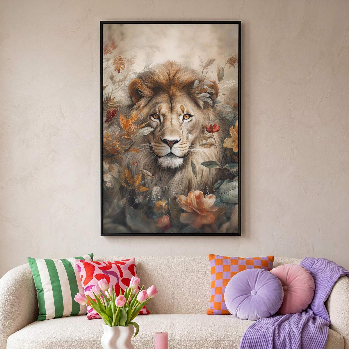 LEINWAND Bilder mit Rahmen - Löwe - Wildtiere - Pflanzen - Natur - Blumen - 90x140 - Beige, Textil (90/140cm) - MuchoWow