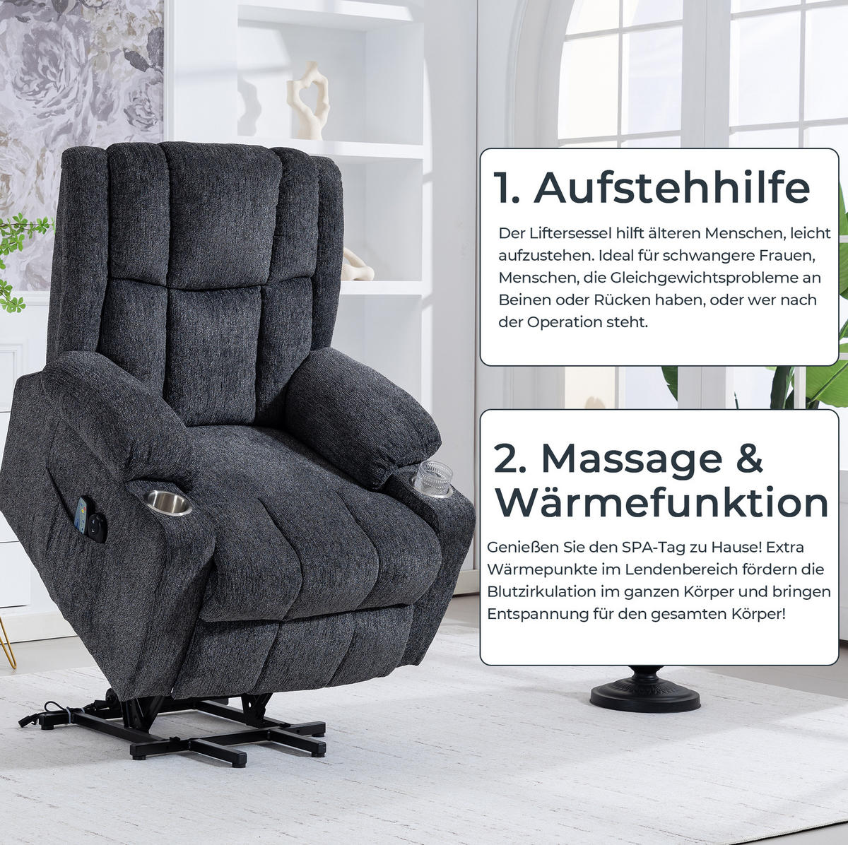 RELAXSESSEL elektrisch mit Aufstehhilfe und Fußteil in Dunkelgrau - Dunkelgrau, Textil (84/106/91cm) - BEAOK