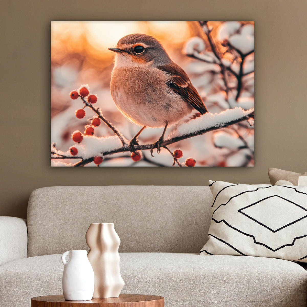 LEINWANDBILD Vogel - Zweig - Winter - Tiere - Schnee Wandbilder 80x60 cm - Bernsteinfarben, Textil (80/60cm) - MuchoWow