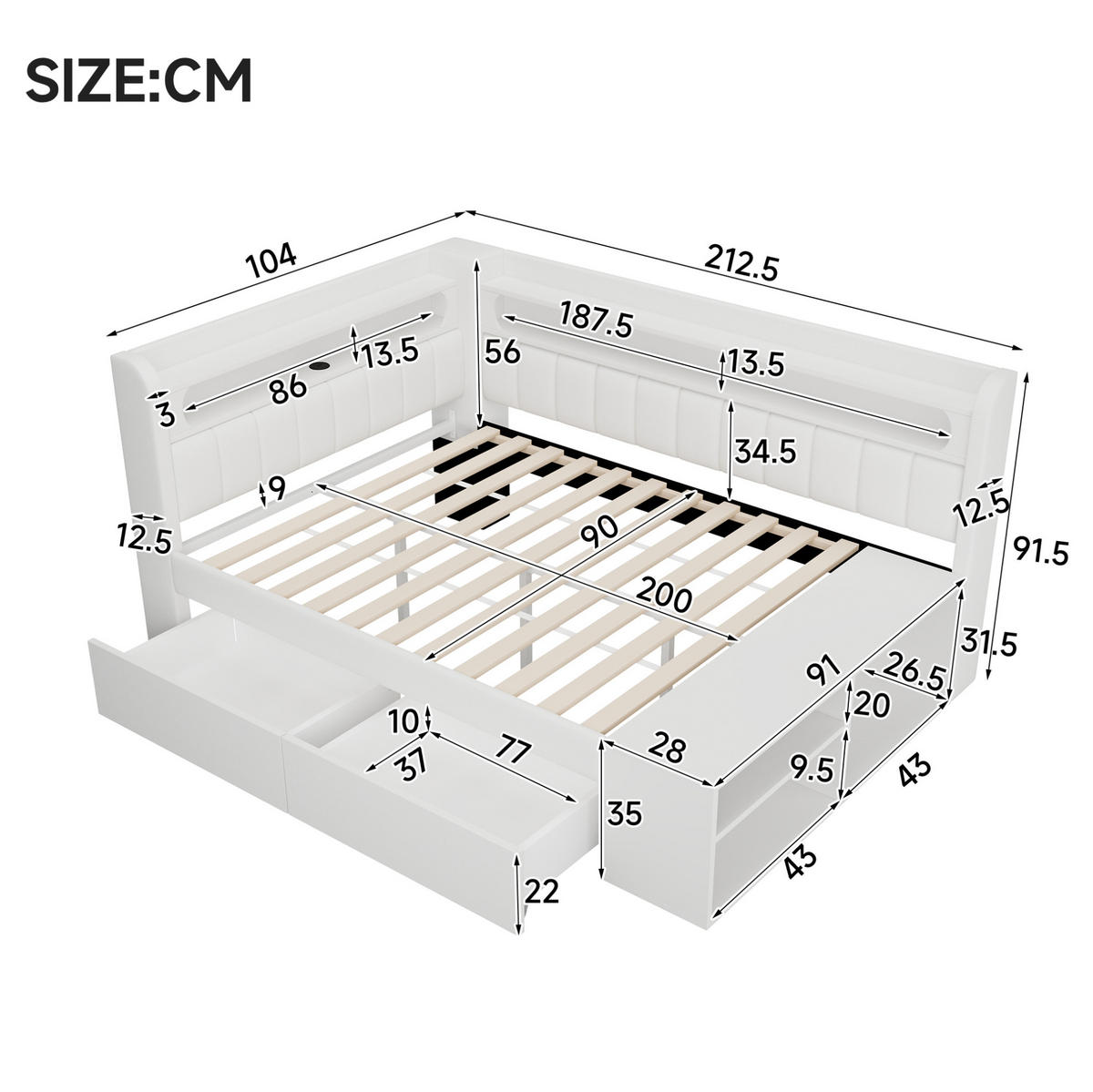 SCHLAFSOFA 90/200 cm mit LED-Beleuchtung, USB-Anschluss, 2 Schubladen und Schuhschrank, Weiß - Weiß, Holzwerkstoff (104/91.5/212.5cm) - Redom