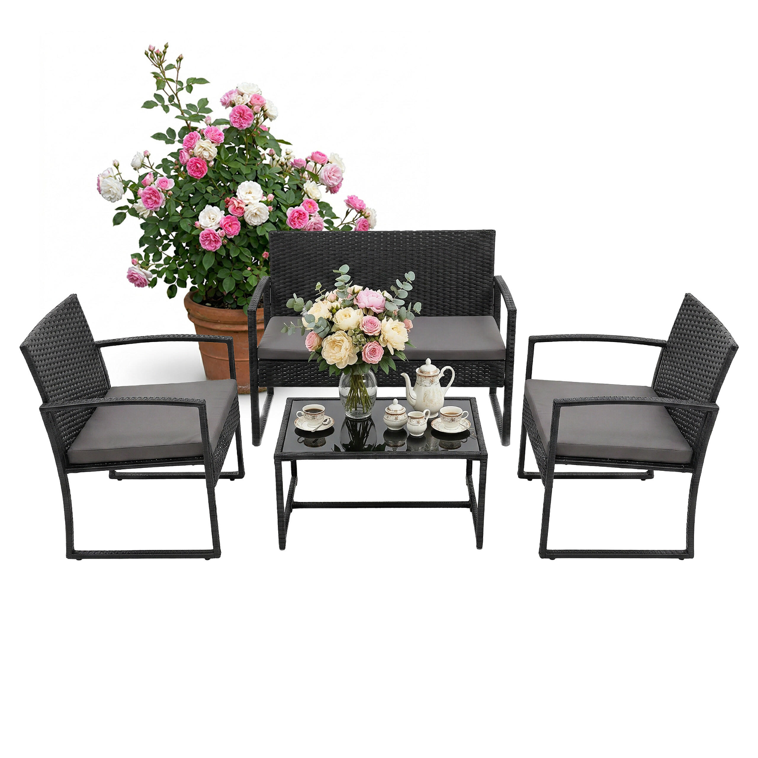 SET Negru de gradina 4-piese din poliratan cu masa din sticla
