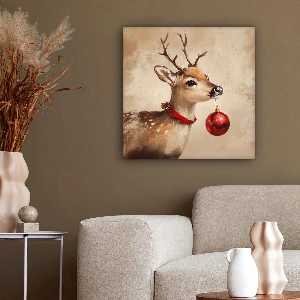 LEINWANDBILD Weihnachten - Hirsch - Geweih - Weihnachtskugel - Rentier 50x50 cm - Hellbraun, Textil (50/50cm) - MuchoWow