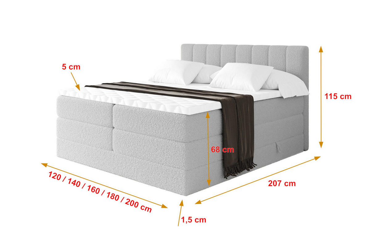 BOXSPRINGOVÁ POSTEL s matrací H3/H4 - OTTA KING - 120x200 cm Světle šedá - světle šedá, kompozitní dřevo (120/200cm) - ALTDECOR