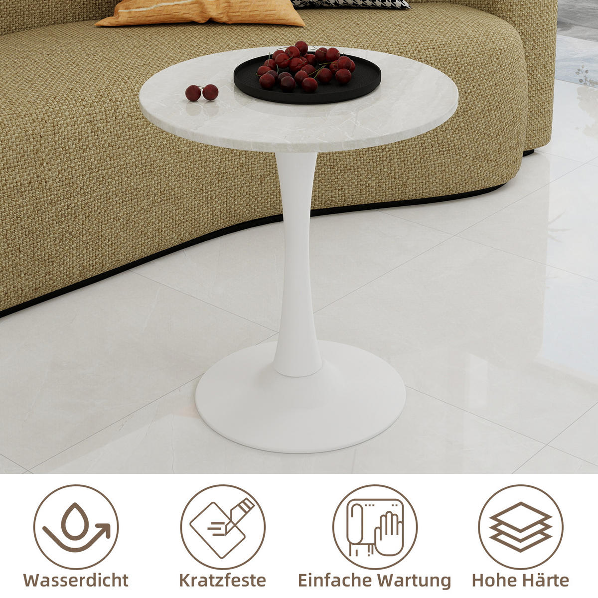 COUCHTISCH 70/70/72 cm Weiß runde Tischplatte aus Kunstmarmor im minimalistischen Design - Weiß, Stein (70/70/72cm) - OKWISH