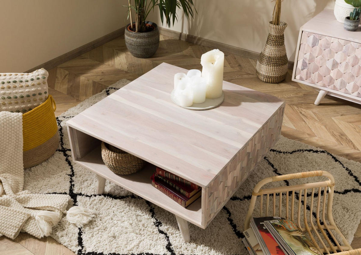 COUCHTISCH Akazie 70x70x40 weiß lackiert MOSAYK #216 - Weiß, Holzwerkstoff (70/70/40cm) - Massivmoebel24