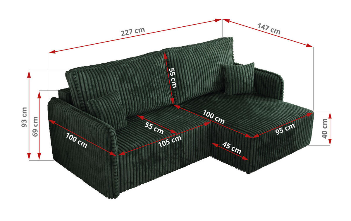 ECKSCHLAFSOFA MESTO L Grün Cord - links - Schwarz/Grün, Kunststoff/Textil (227/147cm) - MKS