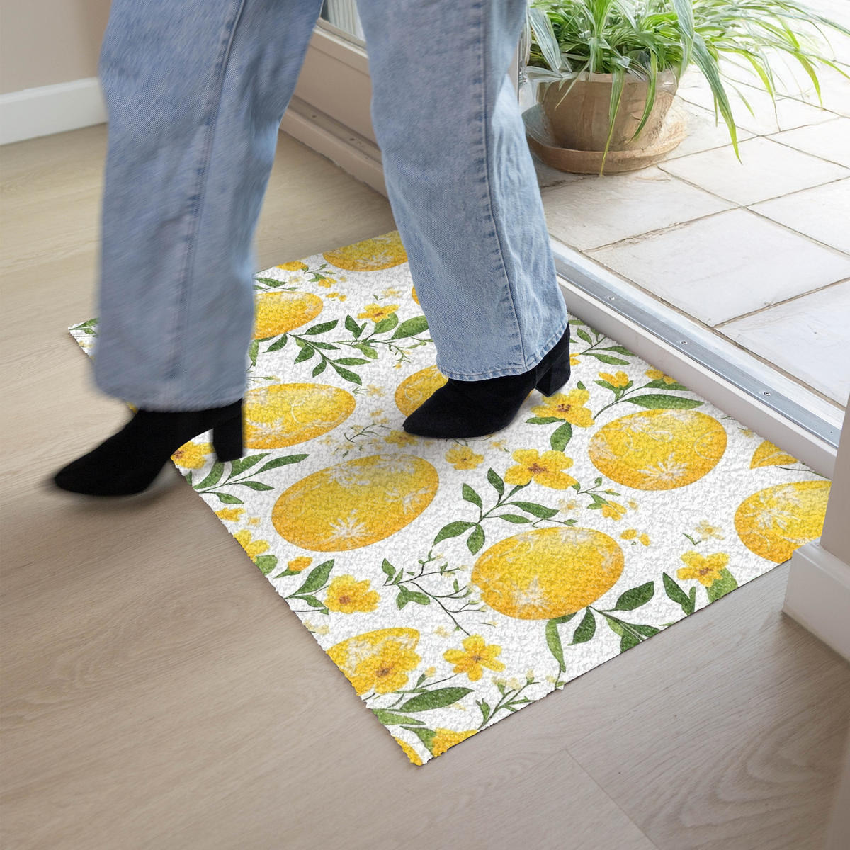 FUSSMATTE Blumen - Ostereier - Gelb 90x60 cm - Gelb, Kunststoff (60/90cm) - MuchoWow