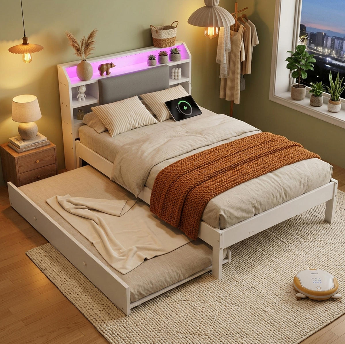 FUNKTIONSBETT aus Kiefernholz und MDF 120x200 cm Weiß mit Ausziehbett 90x190 cm, LED und Ladestation - Weiß, Holz (120/200cm) - IVMEU