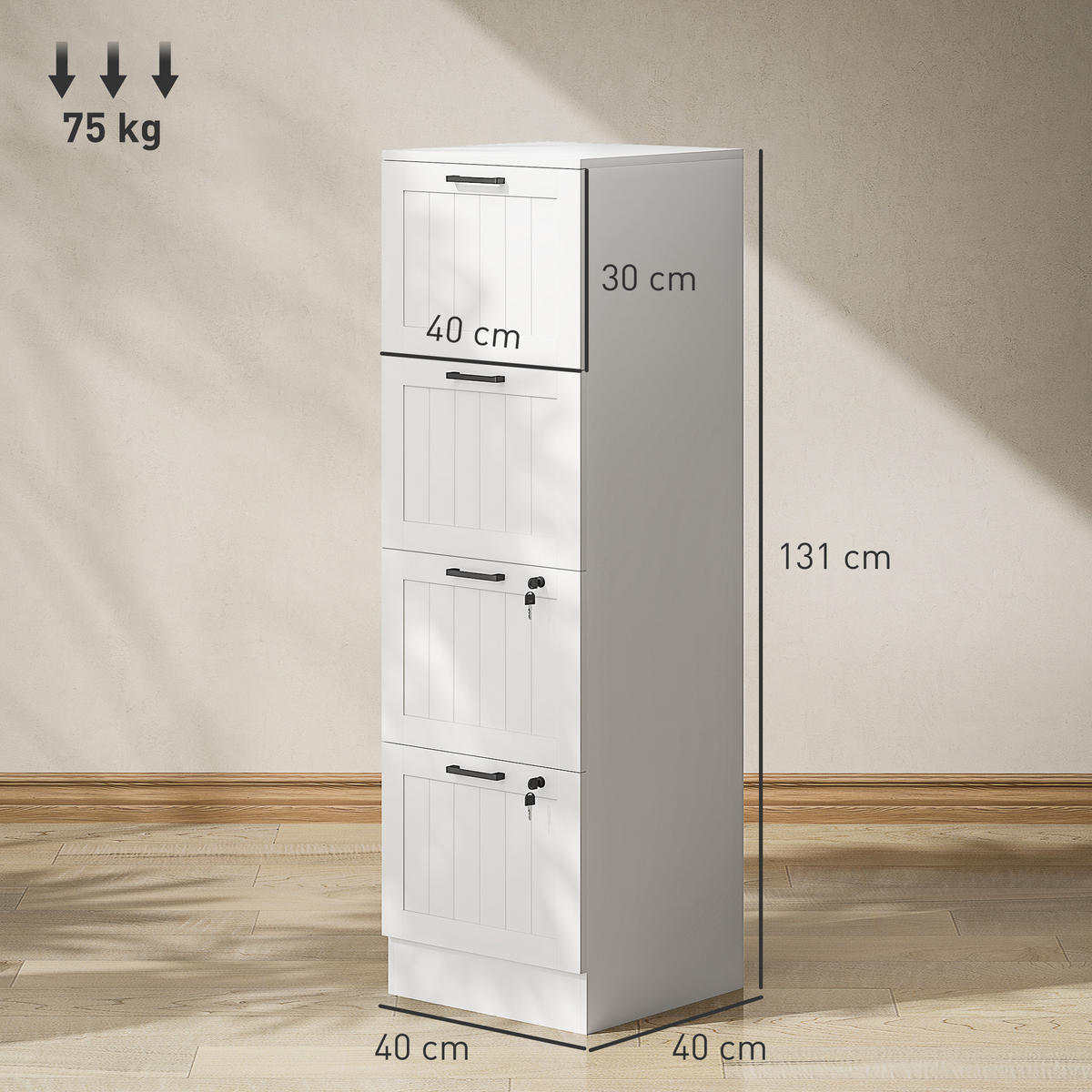 AKTENSCHRANK DE-14477 4 abschließbare Schubladen mit Hängeakten Weiß - Weiß, Holzwerkstoff (40/131/40cm) - ComfortXL