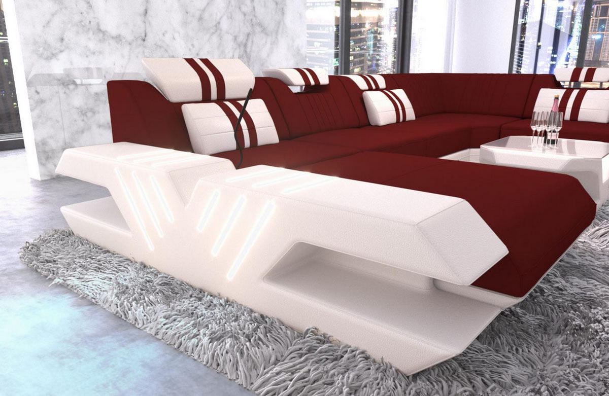 WOHNLANDSCHAFT Venedig Dunkelrot Weiß Mikrofaserstoff - Dunkelrot, Kunststoff (373/80/288cm)