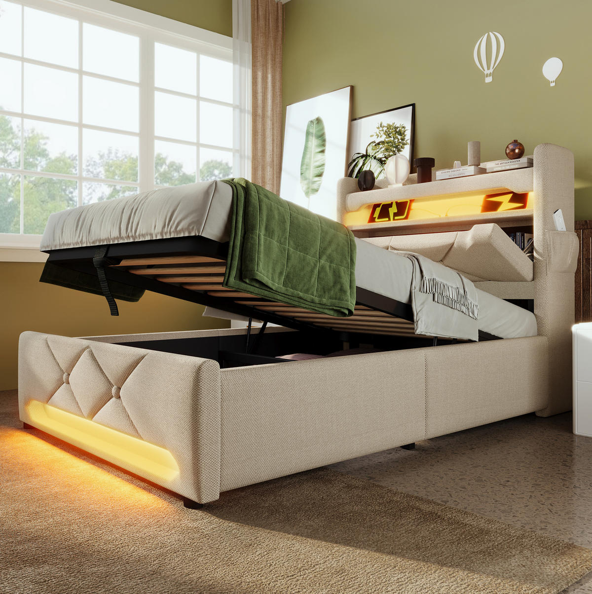 POLSTERBETT 90/200 cm Beige mit Matratze, LED-Beleuchtung und USB-Anschlüssen - Beige, Textil (90/200cm) - Flora Grace