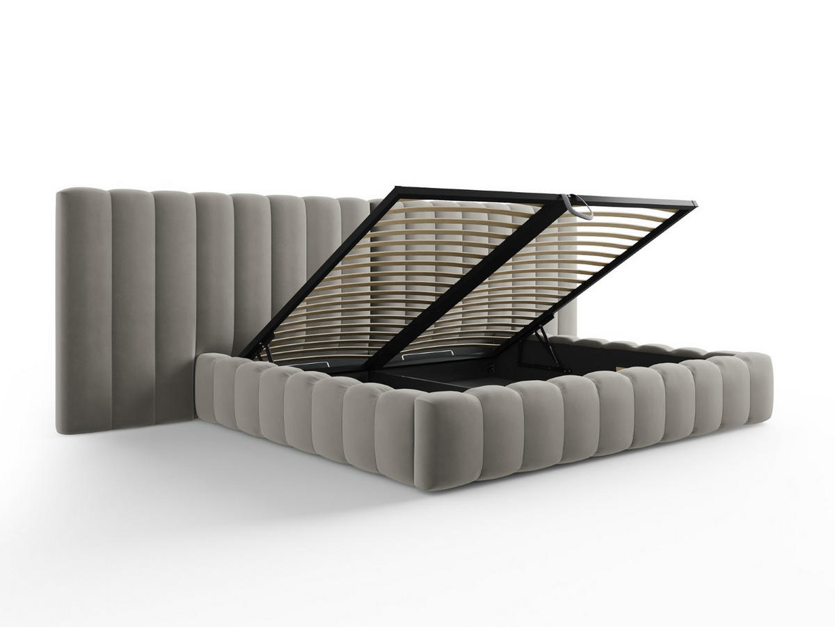 BETT mit Bettkasten und Doppelkopfteil Kelp aus Samt hellgrau 200x200cm - Hellgrau, Textil (200/200cm) - Micadoni