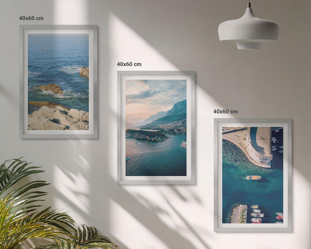BILDER SET 3er Set - 40x60 cm Silberner Rahmen - Meerblick, Klippen, Häfen - Silberfarben, Kunststoff (40/60cm) - TULUP