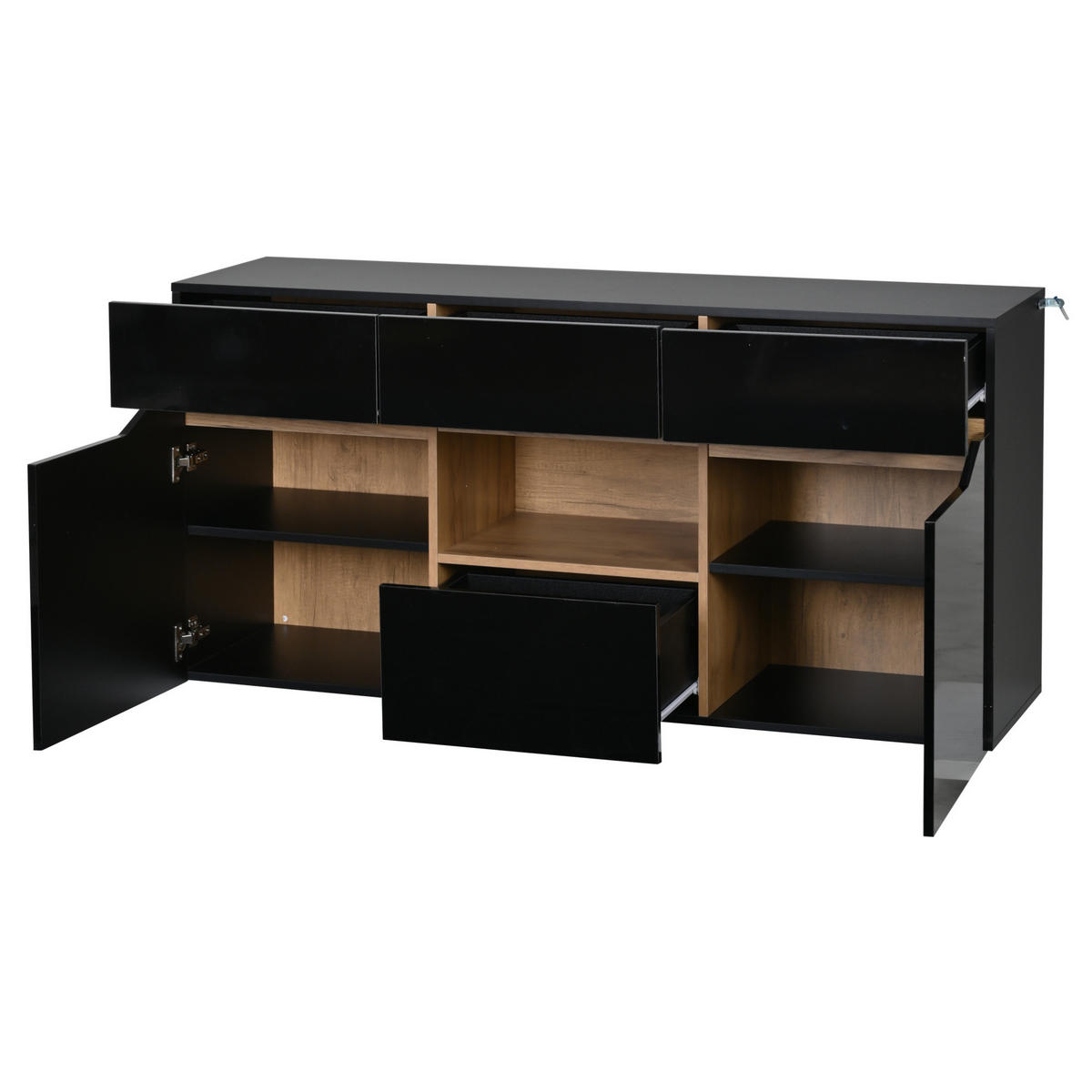 SIDEBOARD 140/40/70 cm mit LED-Beleuchtung, 4 Schubladen und 2 Türen, Hochglanz-Front, Schwarz/Naturholz - Schwarz, Holzwerkstoff (140/70/40cm) - Redom