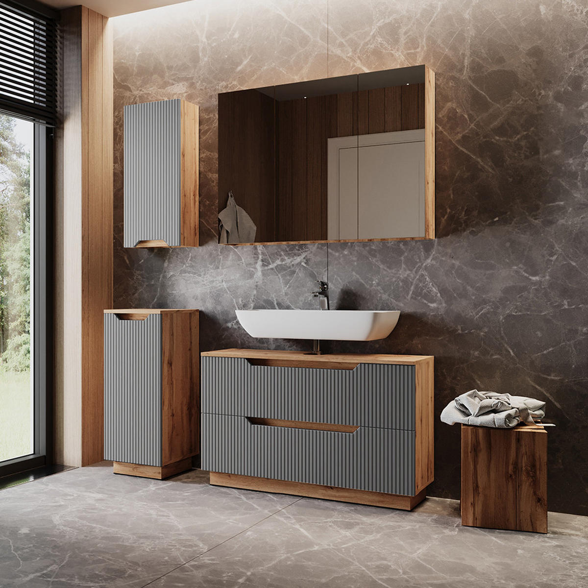 BADMÖBEL-SET Lotta Eiche/grau gestreift 4 Teile - Eichefarben/Grau, Holzwerkstoff (99.4/62.5/32cm) - Vicco