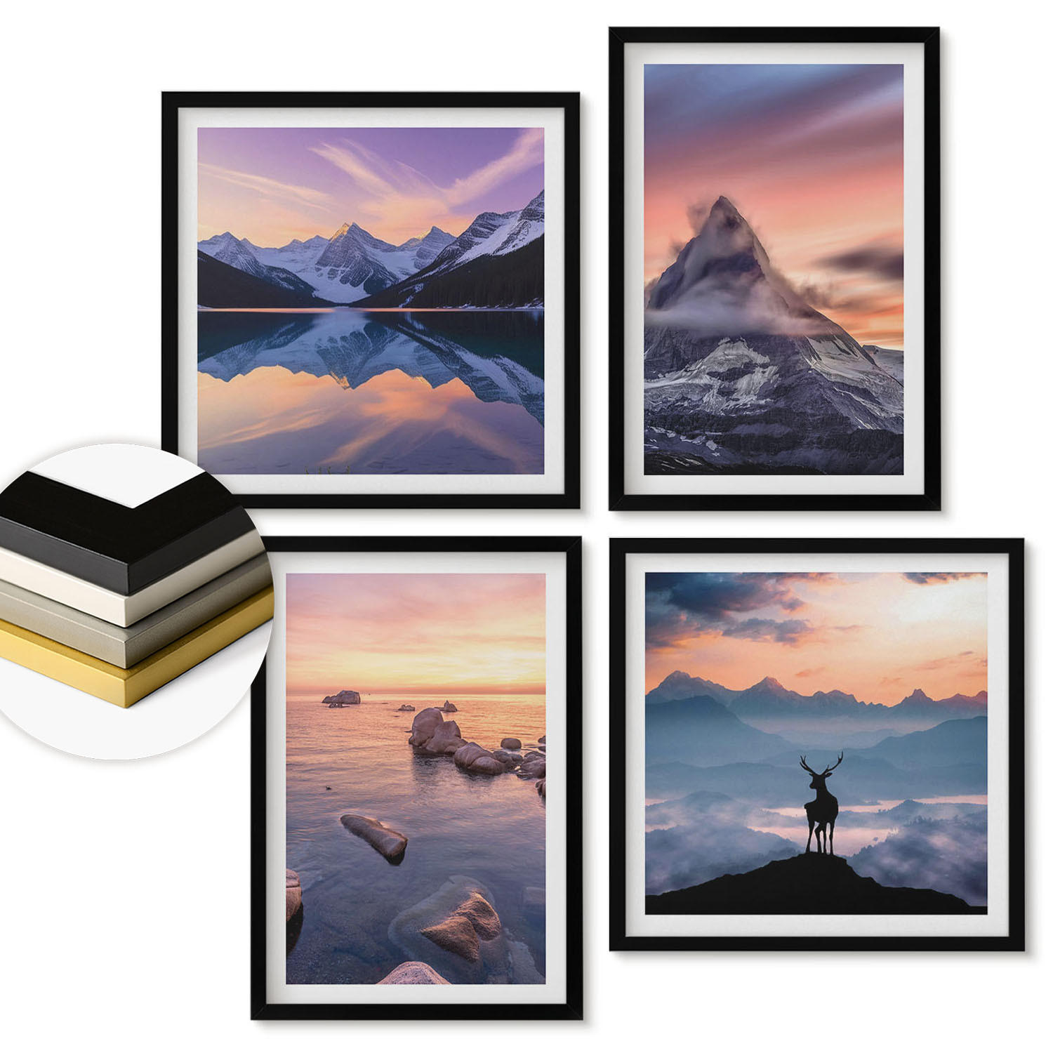 WANDBILDER 4er-Set - 50x50 cm & 40x60 cm Schwarzer Rahmen - Landschaften Berge Seen jelen - Schwarz, Kunststoff (50/50cm) - ArtPrintCave