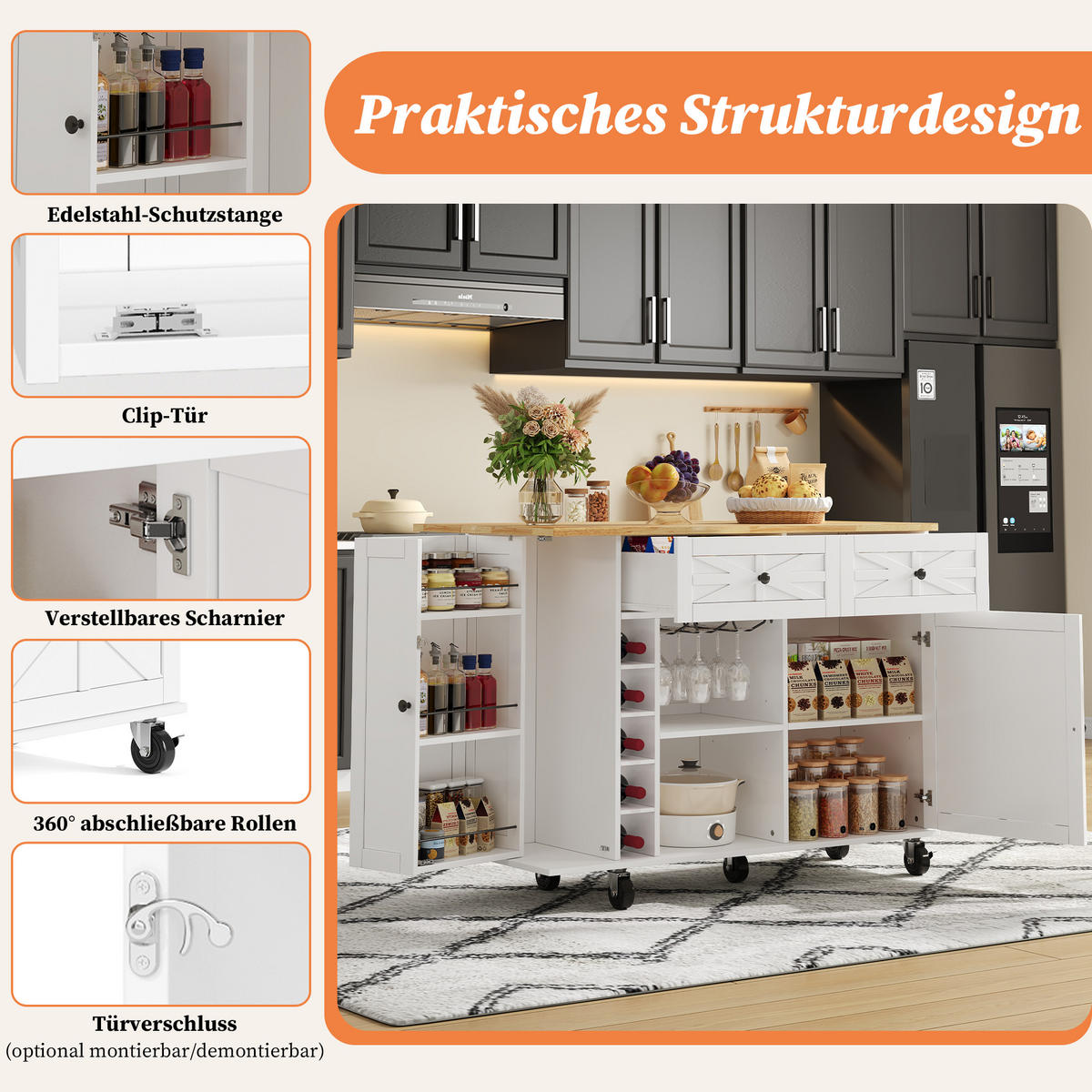 KÜCHENINSEL 120x70x89cm Weiß mit Klappplatte,Schubladen,Weinregal & Rollen - Weiß, Holzwerkstoff (120/89/70cm) - Modfu