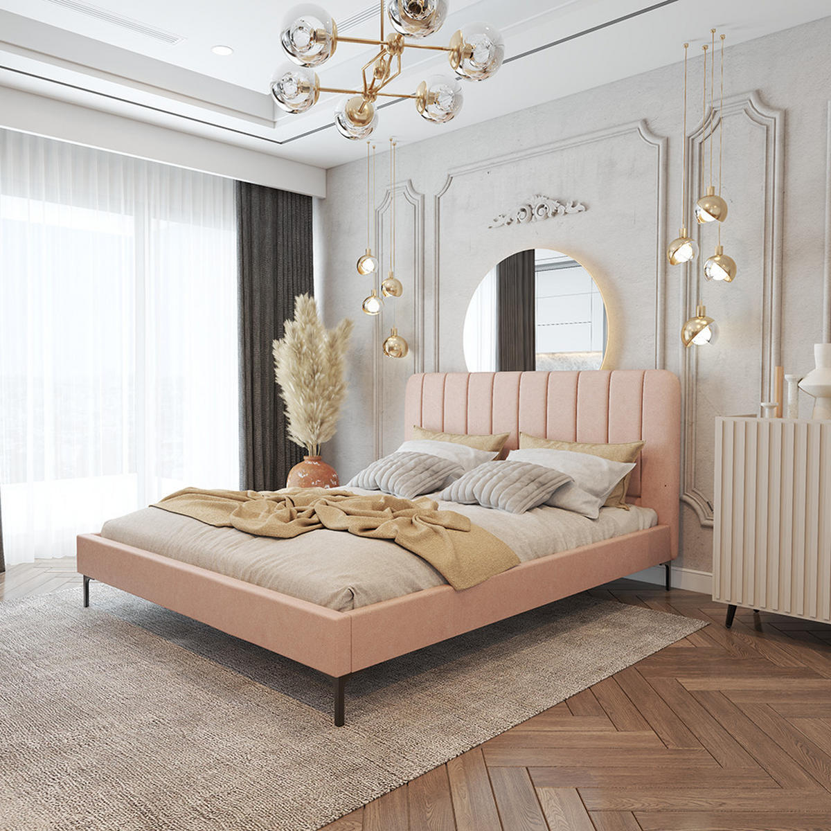 POLSTERBETT LUMI, Lattenrost, ohne Bettkasten, gepolsterte Kopfstütze 160/200 in Rosa - Schwarz/Rosa, Holz/Textil (160/200cm) - imoebel24