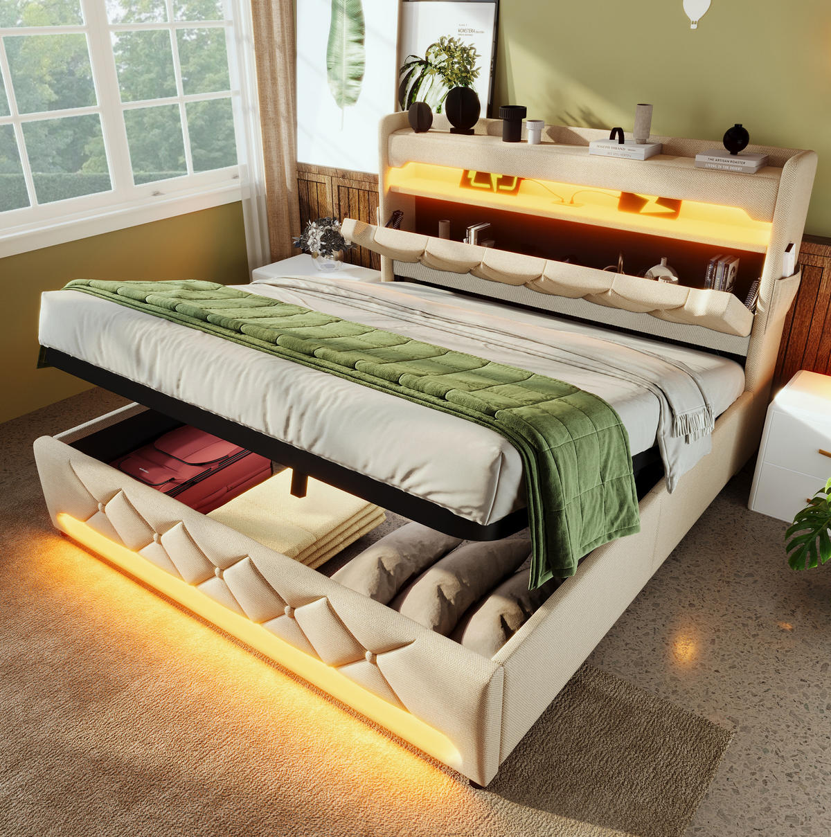 POLSTERBETT 140/200 cm Beige aus Leinen mit LED und Stauraum - Beige, Textil (140/200cm) - OKMYHOME