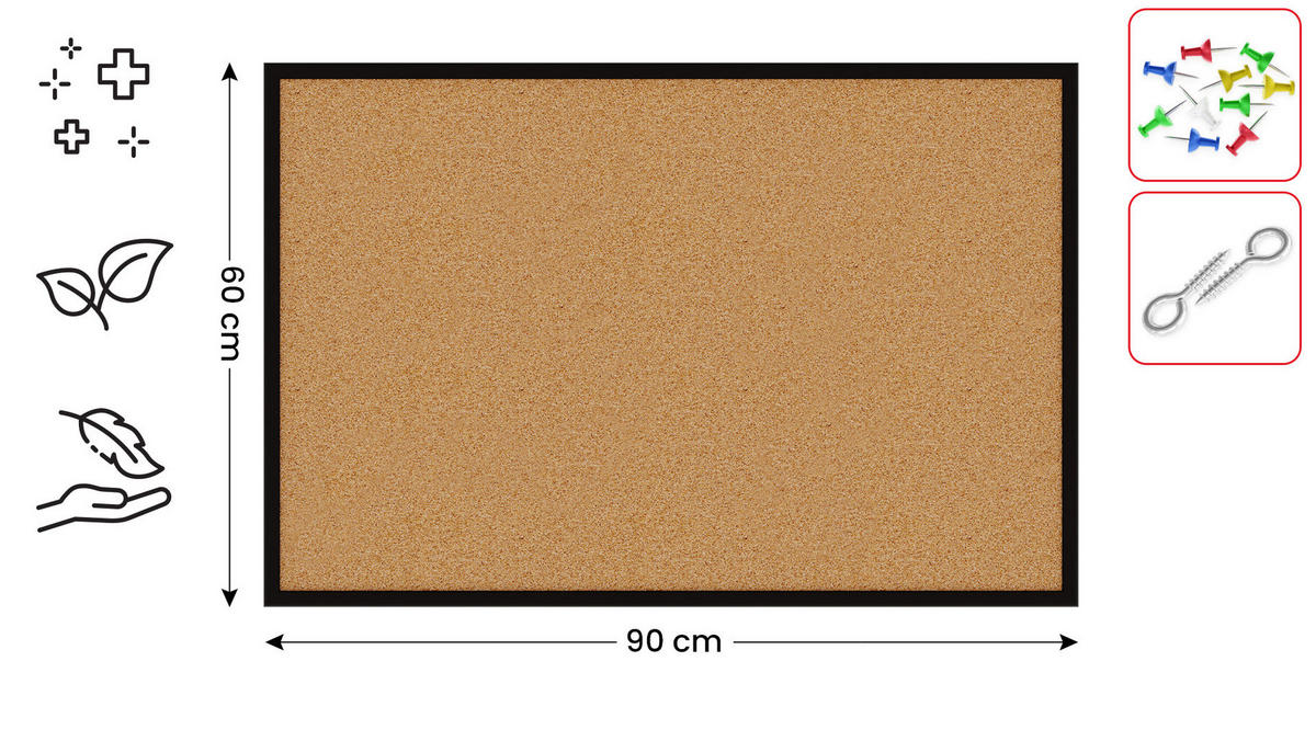 PINNWAND mit schwarzem Naturholzrahmen 90x60cm - Schwarz, Holz (90/60/1.5cm) - ALLboards