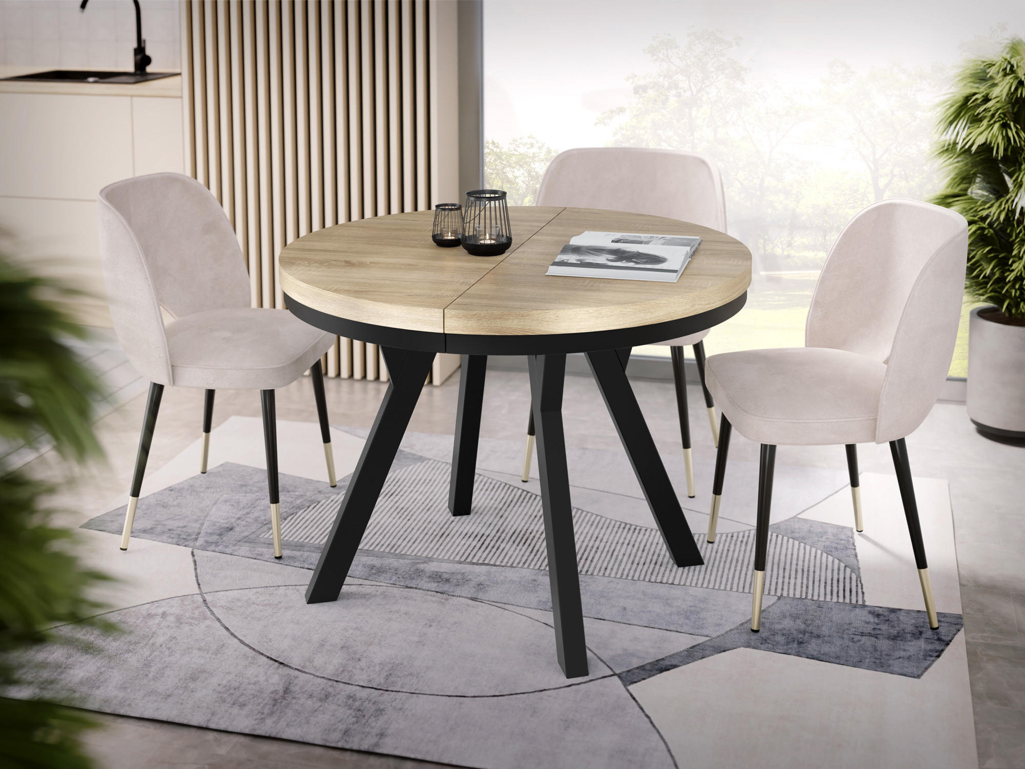 ESSTISCH Lume runder ausziehbarer, Sonoma Eiche 90-170/90/76 cm - Schwarz/Sonoma Eiche, Holz/Holzwerkstoff (90/90/76cm) - WFL GROUP