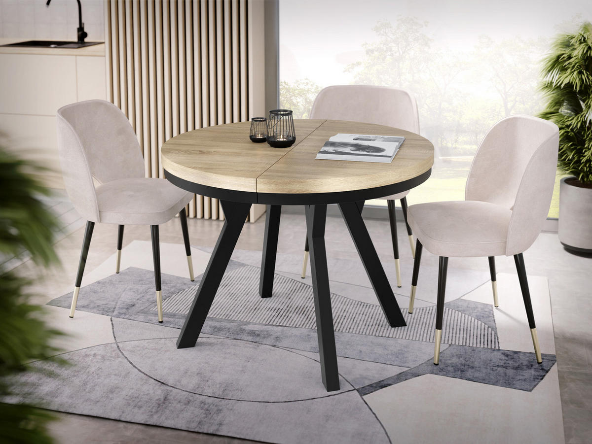 ESSTISCH Lume runder ausziehbarer, Sonoma Eiche 90-170/90/76 cm - Schwarz/Sonoma Eiche, Holz/Holzwerkstoff (90/90/76cm) - WFL GROUP