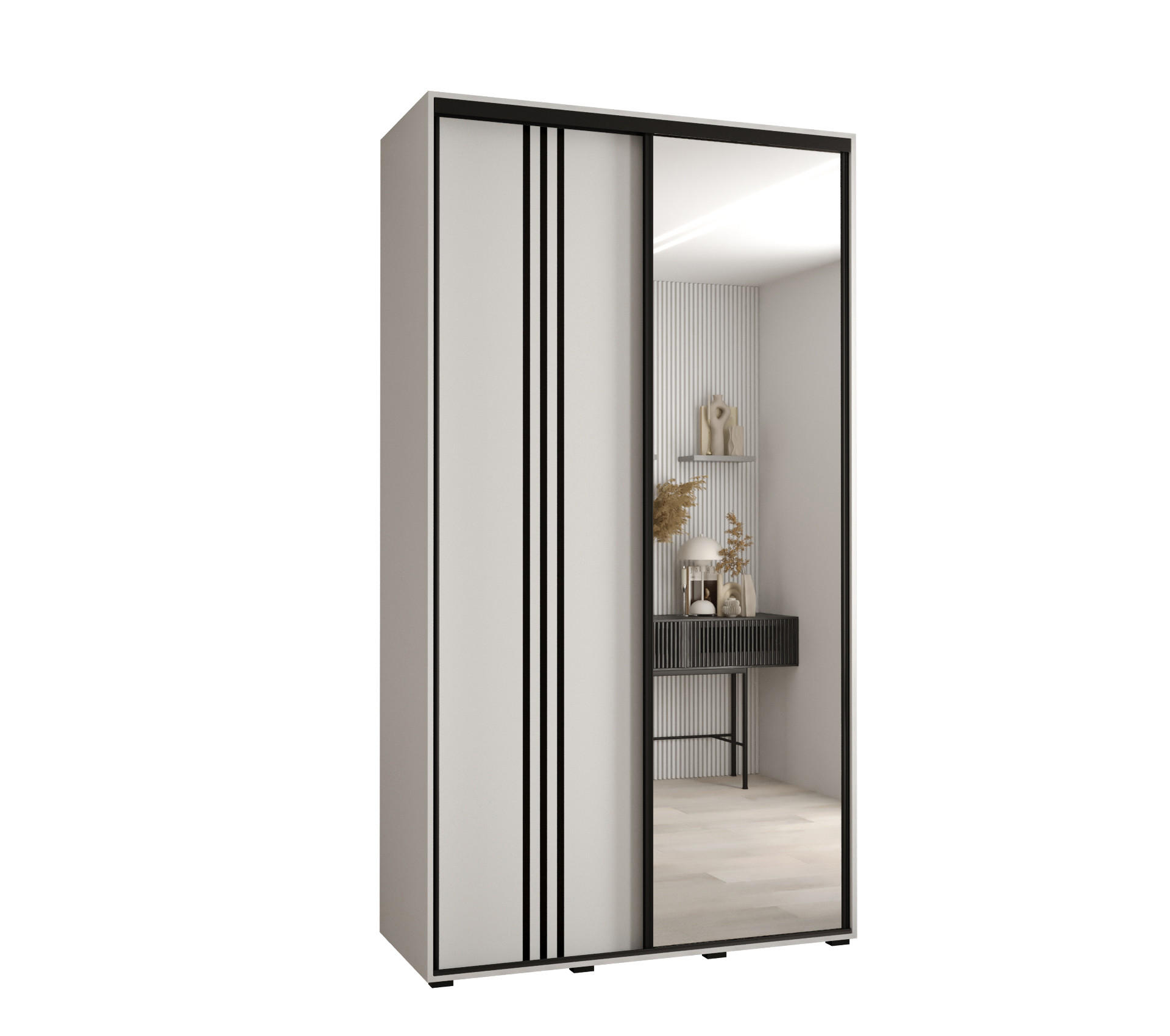 Abiks Möbel Schwebetürenschrank Weiß, Weiß, Schwarz 140x235x60 cm