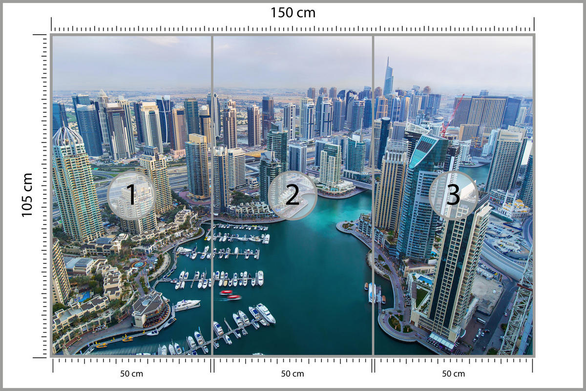 FOTOTAPETE für Wohnzimmer Dubai Vogelperspektive Wolkenkratzer 150x105 - Türkis/Blau, Papier (150/105cm) - Muralo