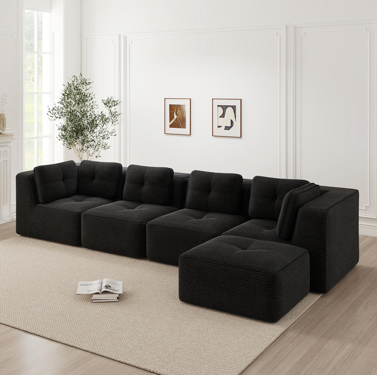 ECKSOFA 386/177/69 cm schwarz aus Cord mit modularem Design und rutschfestem Standfuß - Schwarz, Textil (177/386cm) - OKWISH