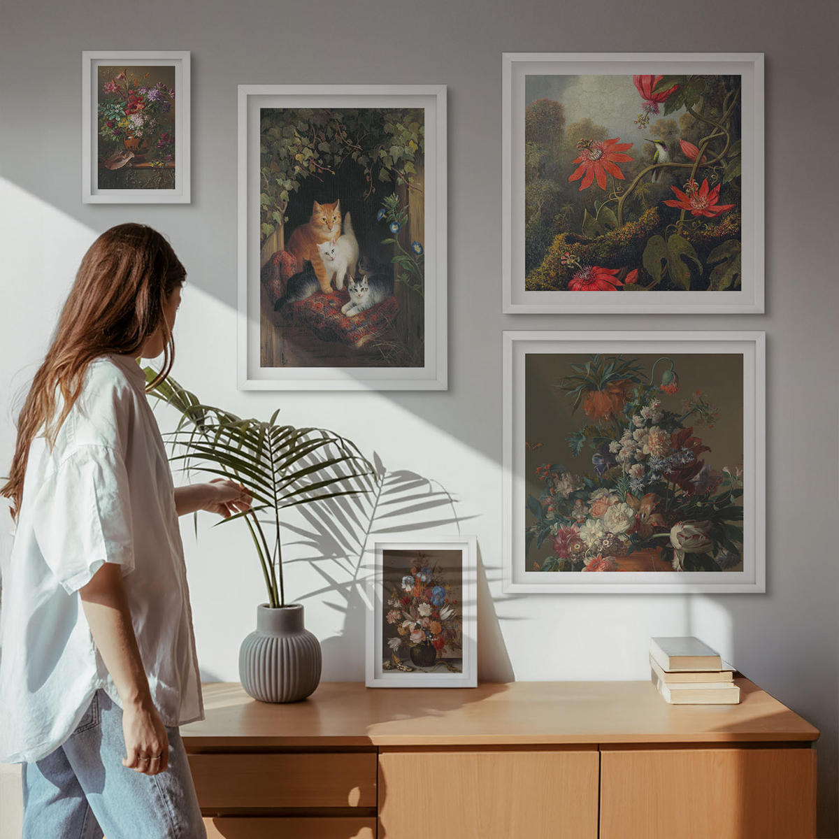 WANDBILDER 5er-Set - 50x50 cm & 20x30 cm & 40x60 cm Weißer Rahmen - Vintage-Blumen, Katzen, Pflanzen - Weiß, Kunststoff (40/60cm) - ArtPrintCave