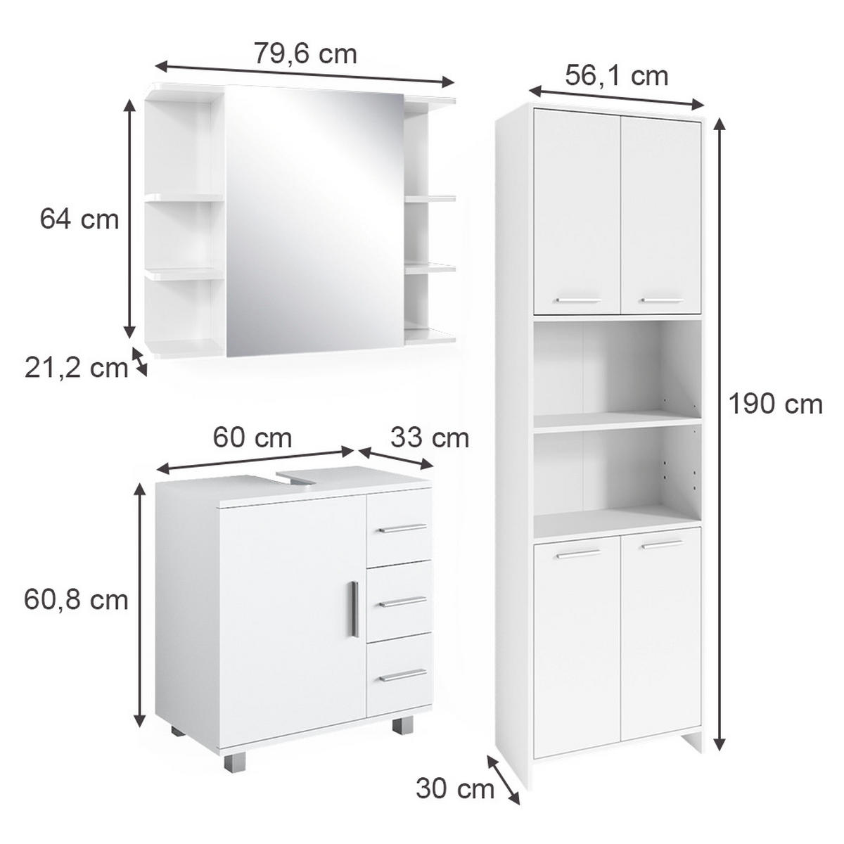 BADMÖBEL-SET Maris Weiß 3 Teile - Weiß, Holzwerkstoff (60/60/33cm) - Vicco