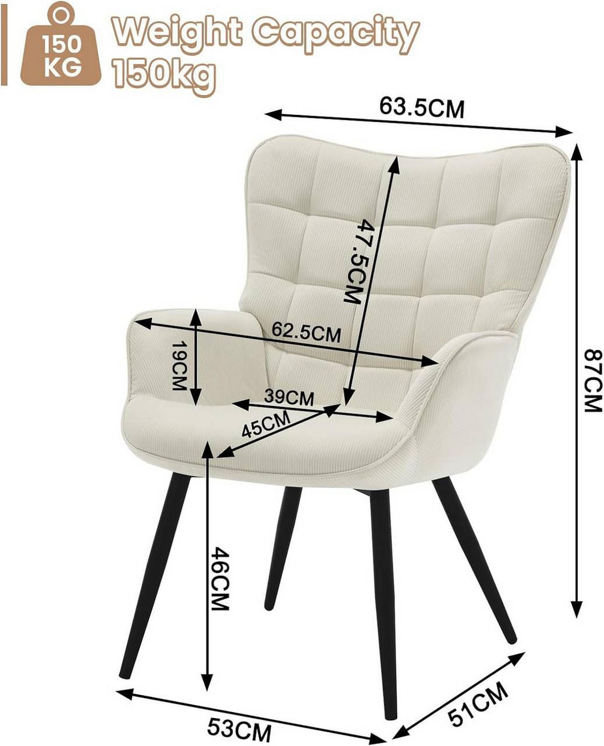 RELAXSESSEL mit Cordbezug , Metallbeine, Cremeweiß - Creme/Schwarz, Textil/Metall (63.5/87/68cm) - Woltu