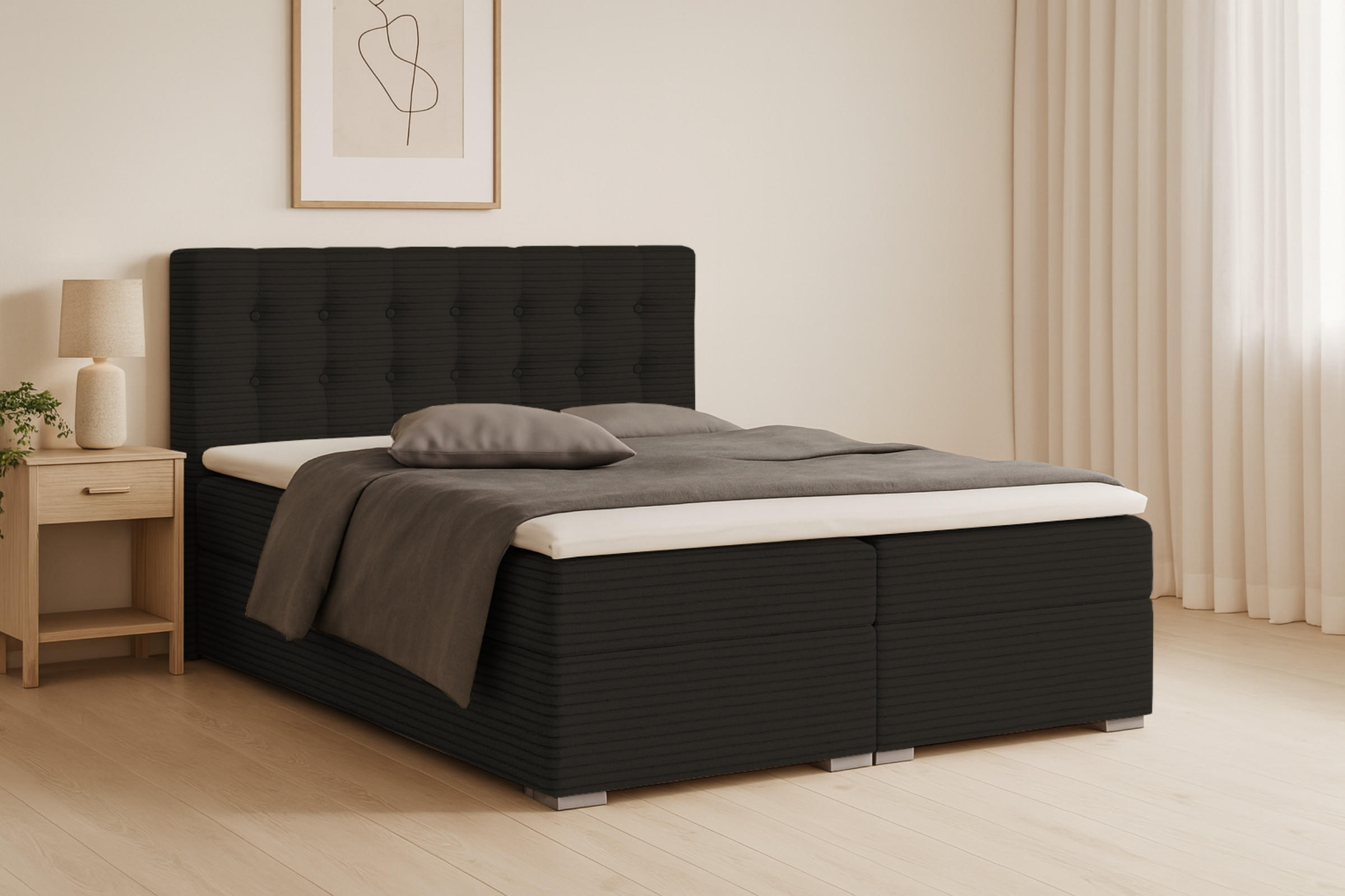 BOXBETT CYNTHIA 200/200 in Cord Schwarz H3 - Schwarz, Holz/Holzwerkstoff (200/200cm) - Deine Möbel 24