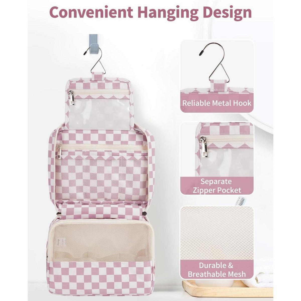 KULTURTASCHE zum Aufhängen Schachbrettmuster Altrosa - Rosa, Textil (5/1/5cm)