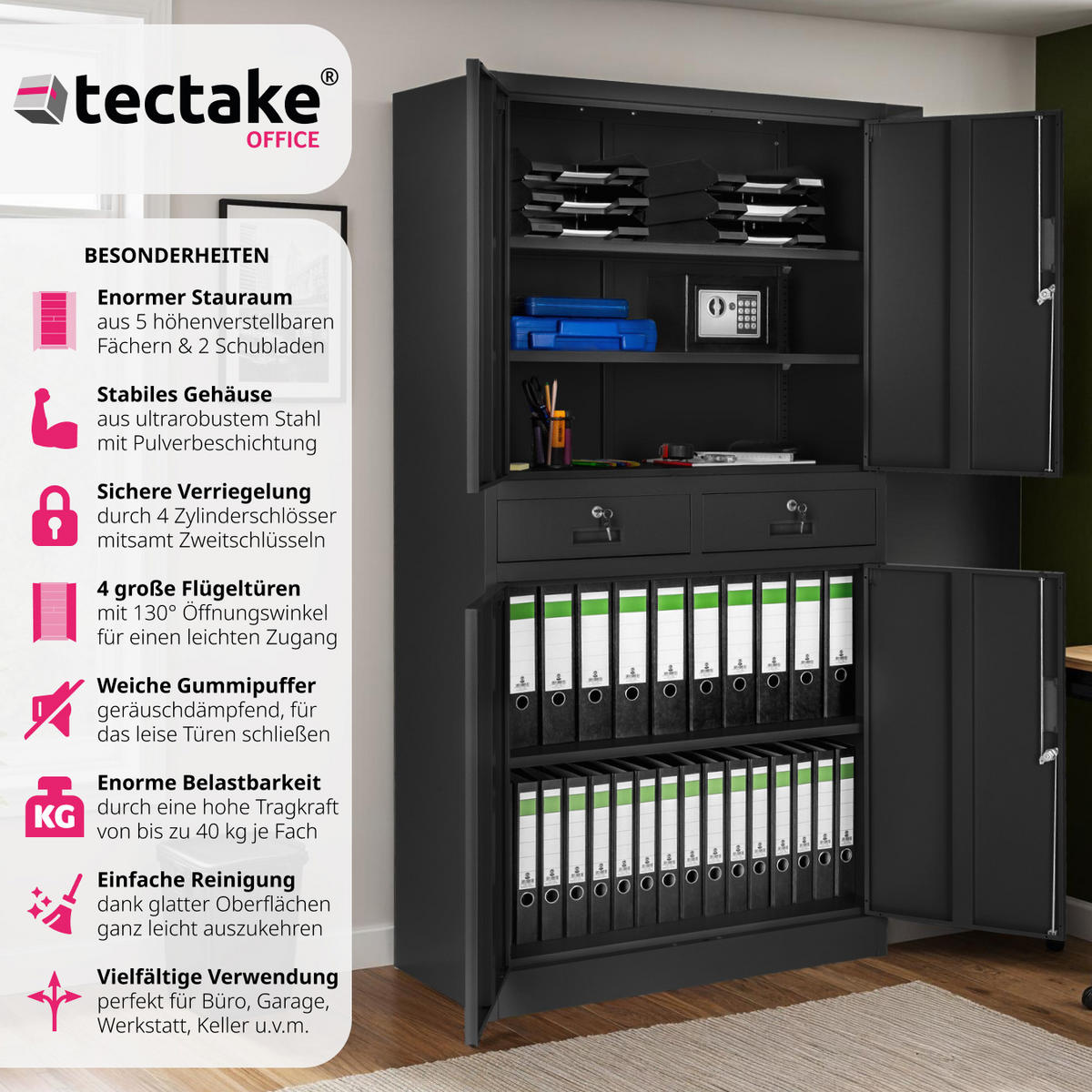 AKTENSCHRANK ,180 x 80 x 40 cm,schwarz/schwarz - Schwarz, Metall (40/180/80cm) - tectake