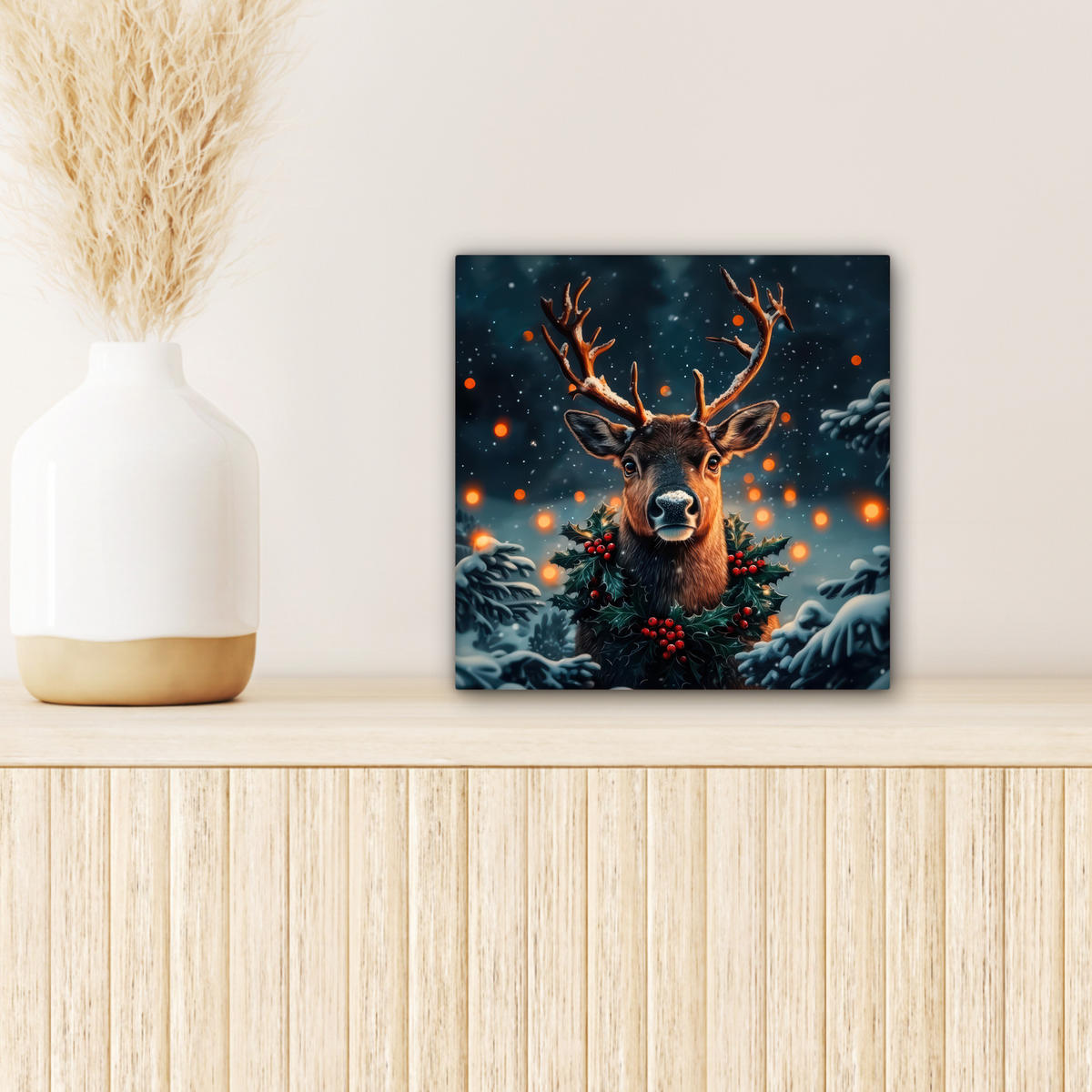 LEINWANDBILD Hirsch - Weihnachten - Winter - Schnee - Weihnachtskranz 20x20 cm - Dunkelbraun, Textil (20/20cm) - MuchoWow