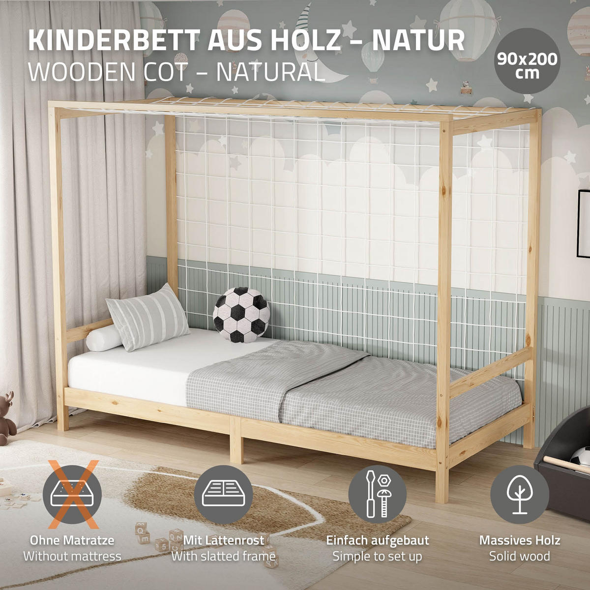 KINDERBETT Fußballtor 90x200 cm Natur - Hellbraun, Holz (90/200cm) - ML-DESIGN