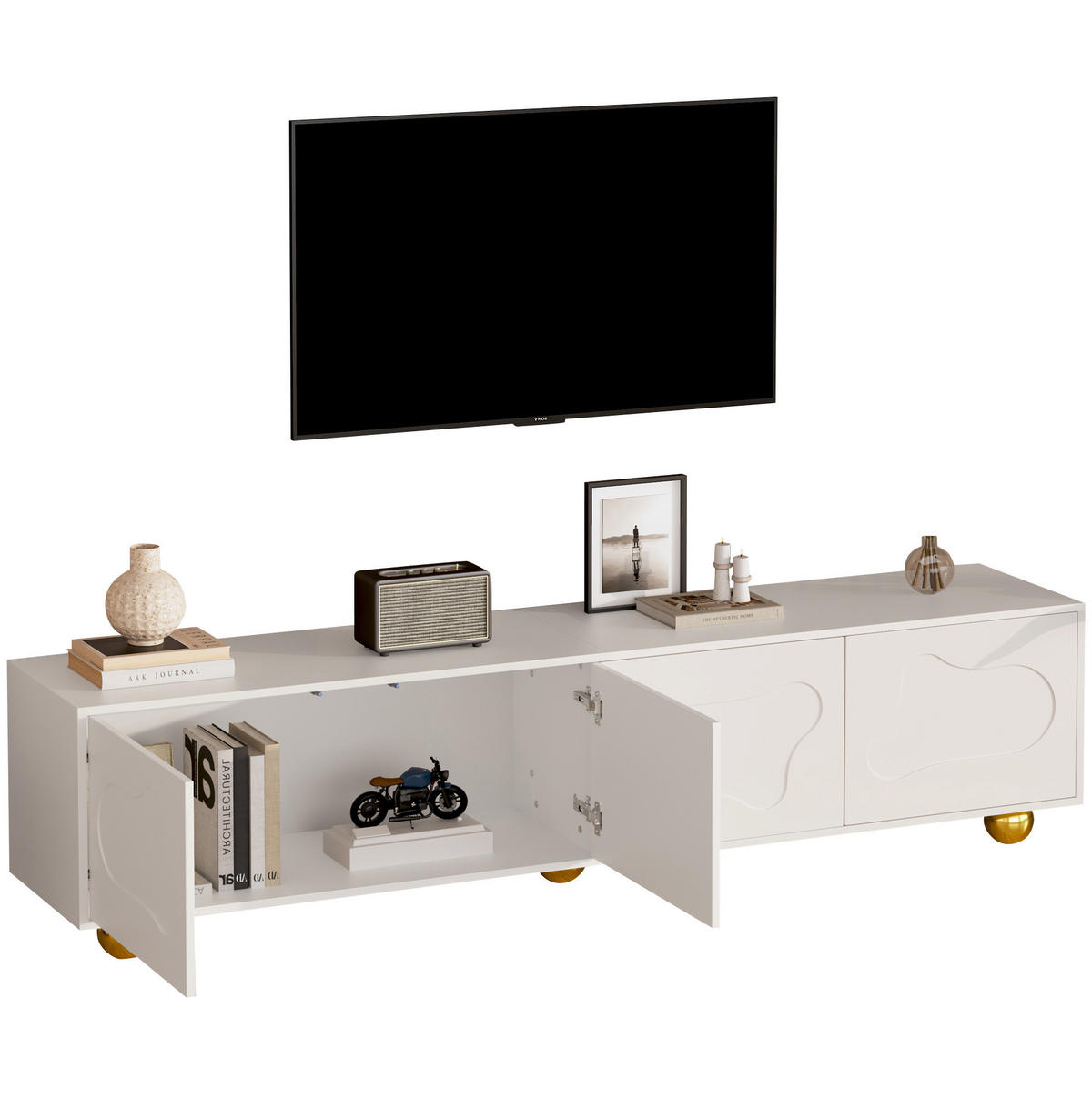TV-SCHRANK 180/40/45 cm weiß Spanplatte mit 2 Schränken und Wolkenform - Weiß, Holzwerkstoff (180/45/40cm) - OKWISH