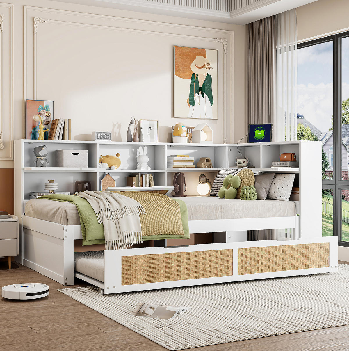 POLSTERBETT aus Massivholz 90x200 cm in Weiß mit Ausziehbett & USB-Anschluss - Weiß, Holz (90/200cm) - Modfu
