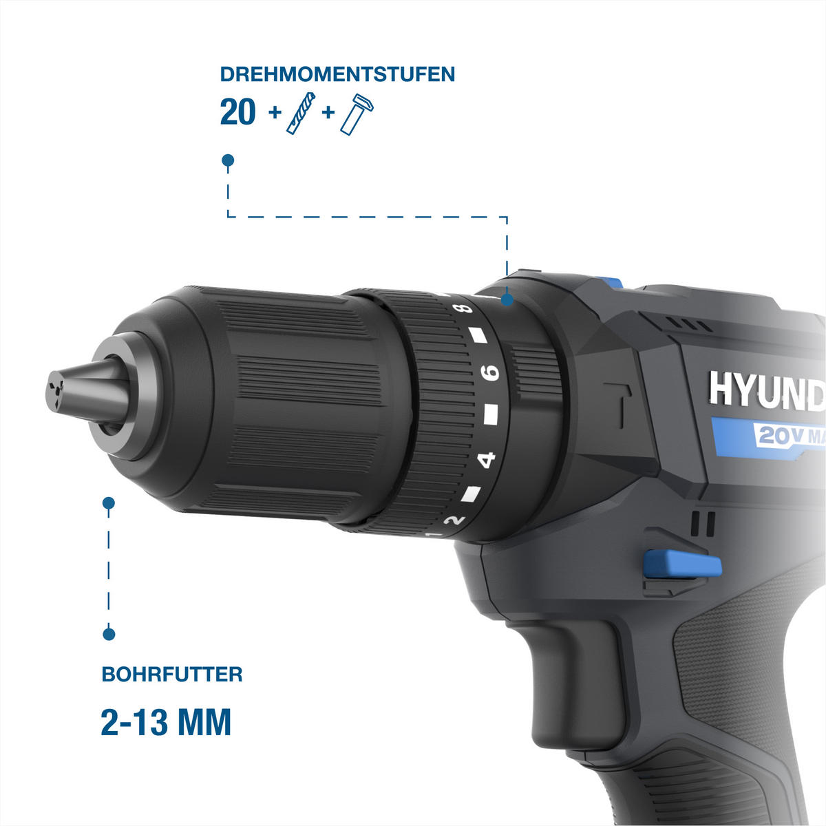 AKKU-SCHLAGBOHRSCHRAUBER 20V, 50 Nm – Set inkl. Akku, Ladegerät & 75-teiligem Zubehör - Blau, Kunststoff (39/30/13cm) - HYUNDAI